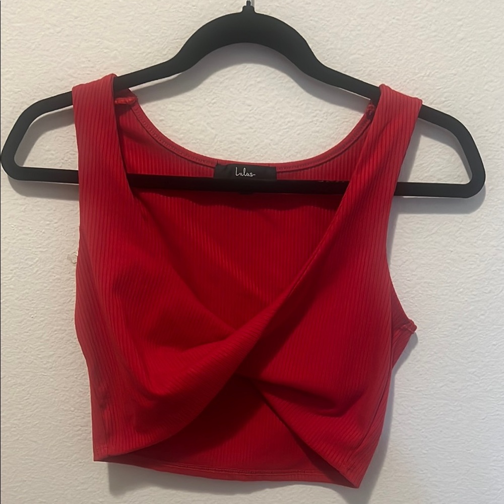 Lulu's Red Ribbed Twist-Front Crop Tank and matching skirt.